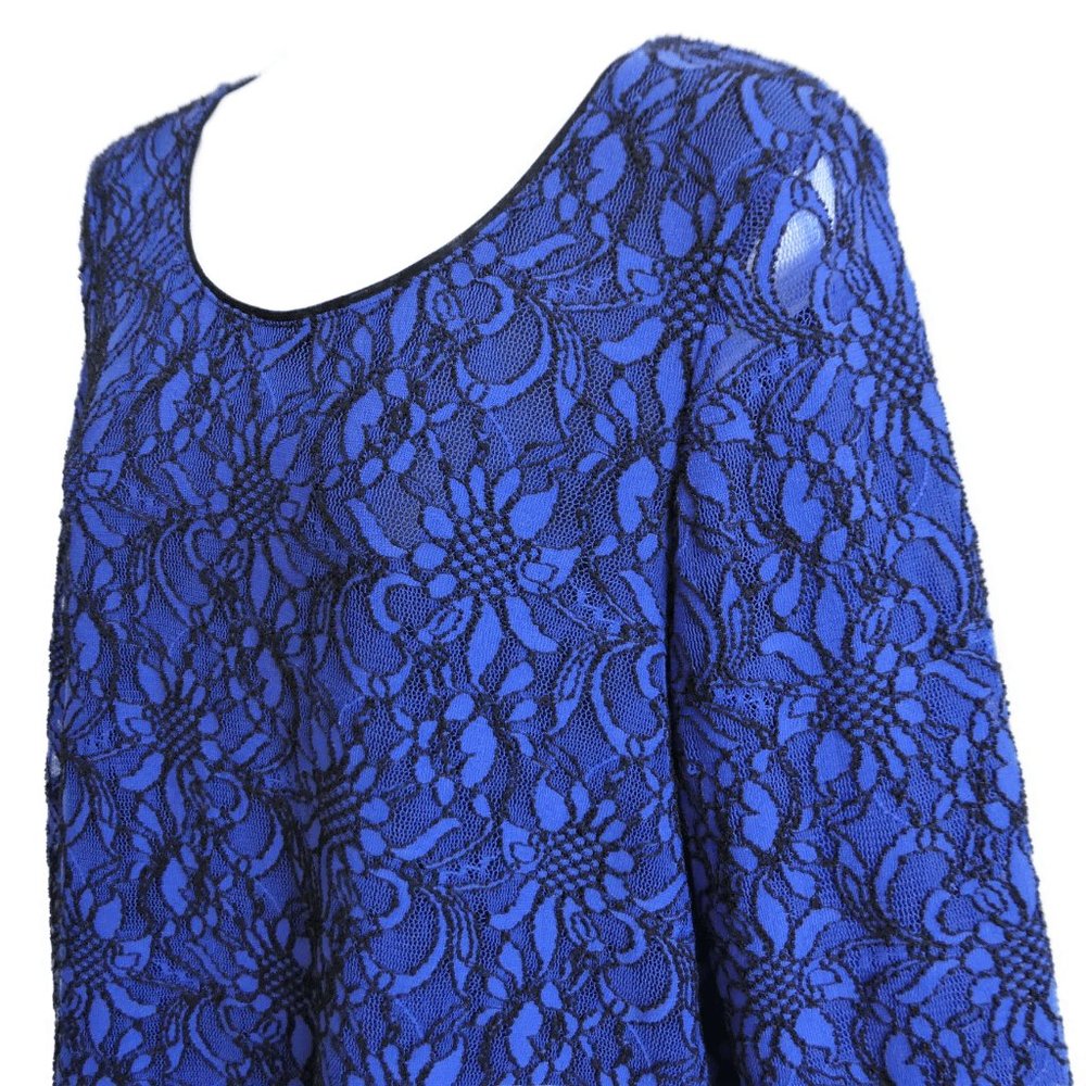 Chicos Lace Pullover Top Stretchy Royal Blue Long Sleeve Scoop Neck Lined 2 L